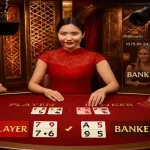 에볼루션 듀얼 플레이 바카라 메인 소개 이미지, 실제 카지노 테이블과 온라인 플레이어가 동시에 게임하는 하이브리드 시스템을 보여주는 화면