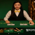 에볼루션 멀티 카메라 바카라 시스템, 다양한 카메라 앵글과 실시간 라이브 화면이 동적으로 배열된 게임 인터페이스 설명 이미지