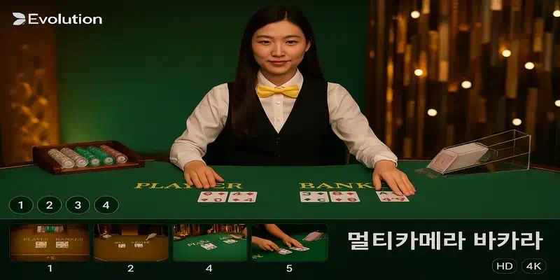 에볼루션 멀티 카메라 바카라 시스템, 다양한 카메라 앵글과 실시간 라이브 화면이 동적으로 배열된 게임 인터페이스 설명 이미지