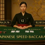 에볼루션 재패니즈 스피드 바카라 메인 게임 화면, 일본 딜러가 27초 빠른 진행으로 카드를 배분하는 라이브 카지노 테이블 장면