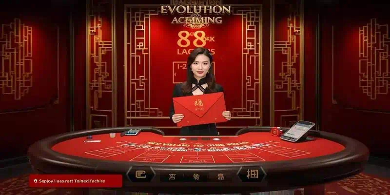 에볼루션 빨간 봉투 바카라 게임 메인 화면, 최대 88배 보너스를 보여주는 Red Envelope 시스템과 중국 전통 문화 테마의 라이브 바카라 테이블